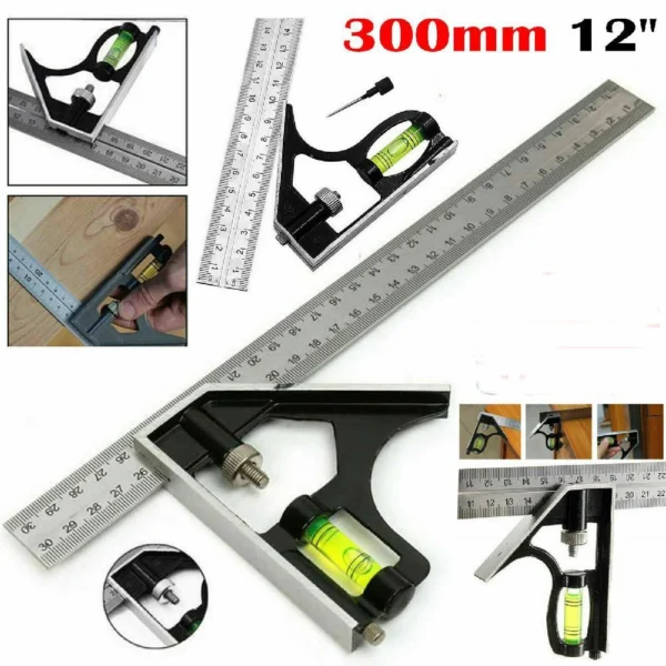 3254498ad5160e53fa50fbd39179f443.webp Square Ruler Set Kit 300mm Adjustable Engineers Combination Try None Right Angle Ruler with Spirit Level and Scriber